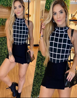 Conjunto Feminino Body Quadriculado Gola Alta Short saia Preto