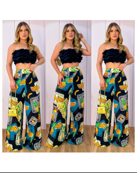 Conjunto Feminino Top Babado Tomara que Caia e Calça Longa Estampa Verão