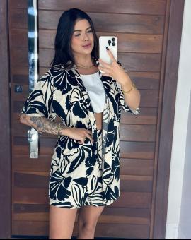 Conjunto Kimono 3 Pecas Short e Cropped Estampado Verão