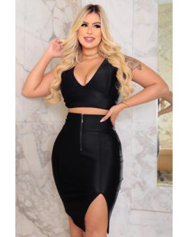 Conjunto Moda Balada Preto Saia Midi E Cropped