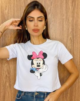Cropped Feminino De Manguinha Estampa Minnie