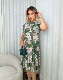 Vestido Evangélico Estampado Midi Manga Princesa Gola Alta