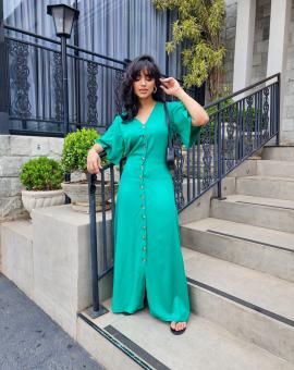 Vestido Longo com Botões na Frente Manga Curta