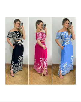 Conjunto Cropped Ciganinha e Saia Longa Estampado