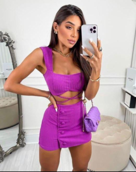 Conjunto Feminino Coladinho Cropped com Amarração Saia Curta