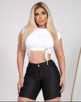 Short Jeans Meia Coxa Feminino Preto