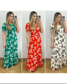 Vestido Longo Manga Princesa Estampado