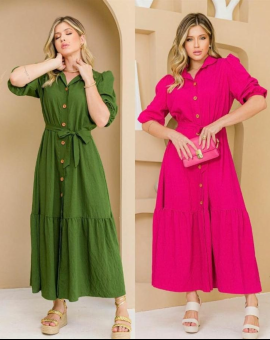 Vestido Longuete Manga Bufante com Botões na Frente