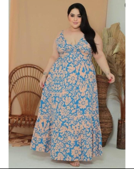 Vestido Plus Size Longo Estampado de Alcinhas