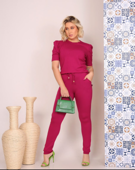 Conjunto Feminino Moletinho Blusa Manga Bufante e Calça