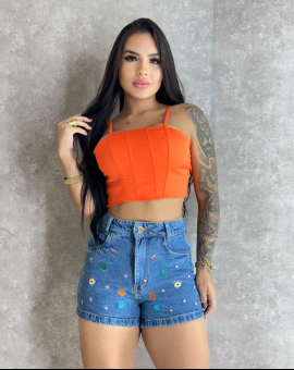Short Jeans Curto com Bordados Diversos