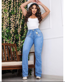 Calça Jeans Reta Bordada Sky Clean