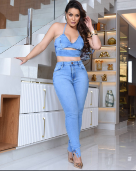 Conjunto Jeans Feminino Calça e Cropped