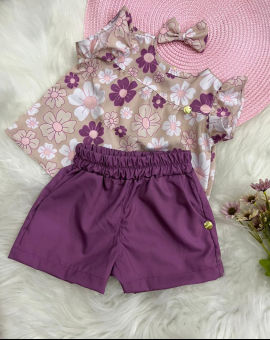Conjunto Menina Blusa Estampada e Short Liso