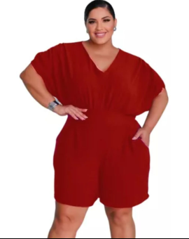 Macaquinho Plus Size Vermelho com Elástico na Cintura – ATACADO