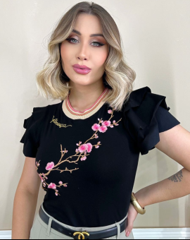 T-Shirt de Luxo Bordada Preta