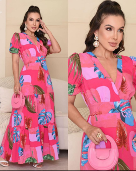 Vestido Longo com Estampa Verão Decote V