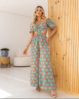 Vestido Longo Estampado com Abertura Lateral