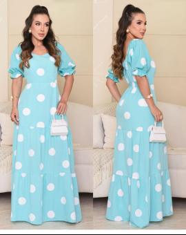 Vestido Longo Manga Bufante Estampa Poá