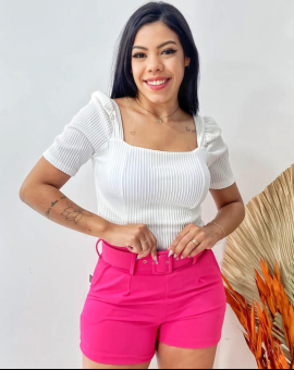 Blusa Manga Princesa Gola Quadrada Canelada Branca