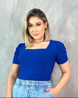 Blusinha Decote Quadrado Canelada Manga Princesa