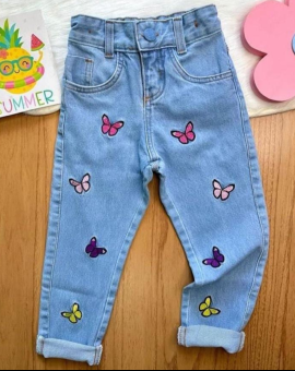 Calça Jeans Infantil Menina Bordada Borboletas