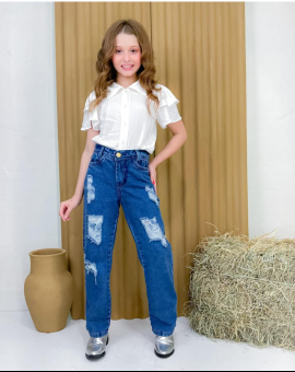 Calça Jeans Menina com Destroyed Cintura Alta