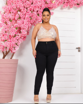 Calça Jeans Plus Size Cintura Alta Feminina Preta