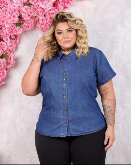 Camisa Plus Size Social Manga Curta Jeans