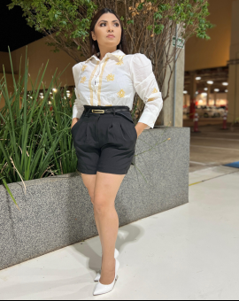 Camisa Social Feminina Manga Princesa Bordada