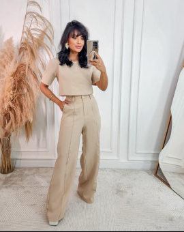 Conjunto Feminino Alfaiataria Calça Pantalona e Cropped