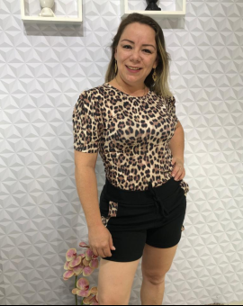 Conjunto Feminino Animal Print Blusa Manga Princesa e Short