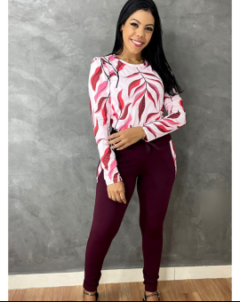Conjunto Feminino Blusa Estampada Manga Longa e Calça