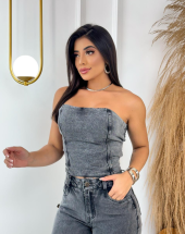 Conjunto Feminino Jeans Calça Flare e Cropped Tomara que Caia Atacado na Rua 44 Goiânia