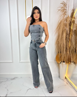 Conjunto Feminino Jeans Calça Flare e Cropped Tomara que Caia