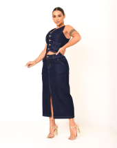 Conjunto Feminino Jeans Saia Longa e Colete Atacado na Rua 44 Goiânia