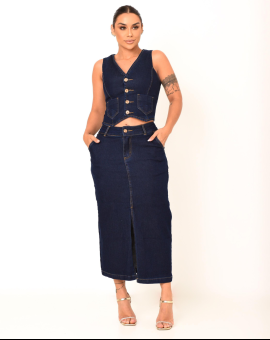 Conjunto Feminino Jeans Saia Longa e Colete