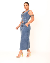 Conjunto Jeans Saia Midi Colete Feminino Atacado na Rua 44 Goiânia