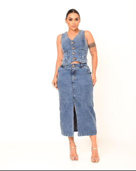 Conjunto Jeans Saia Midi Colete Feminino