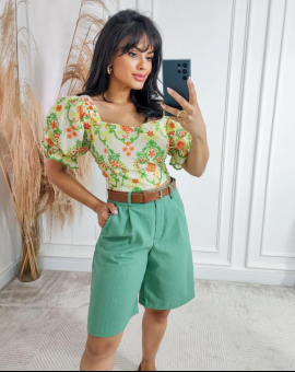 Cropped Manga Bufante Estampado