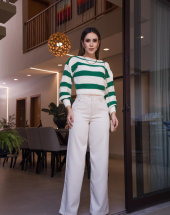 Cropped Oversize Manga Bufante Listrado de Tricot Atacado na Rua 44 Goiânia