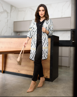 Max Cardigan Tricot Geométrico Branco