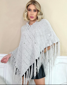 Poncho Assimétrico com Capuz e Franjas