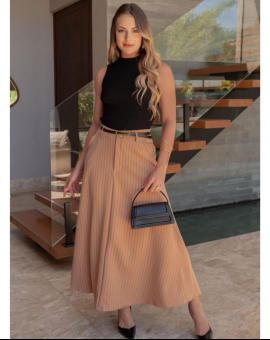 Saia Midi Godê em Alfaiataria Bege