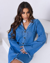 Vestido Curto Jeans com Manga Morcego e Botões Atacado na Rua 44 Goiânia