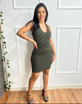 Vestido Curto Lurex de Alça e Decote