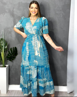 Vestido Longo 3 Marias Estampado Manga Princesa