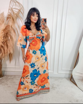 Vestido Longo Estampado Floral Manga Morcego