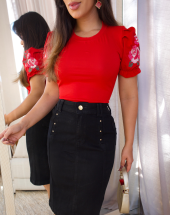 Blusa com Bordado Manga Bufante Vermelha Atacado na Rua 44 Goiânia