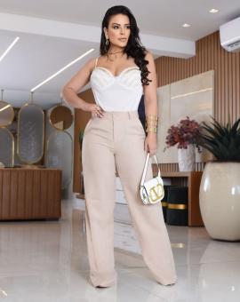 Calça Pantalona no Linho Forrada Bege